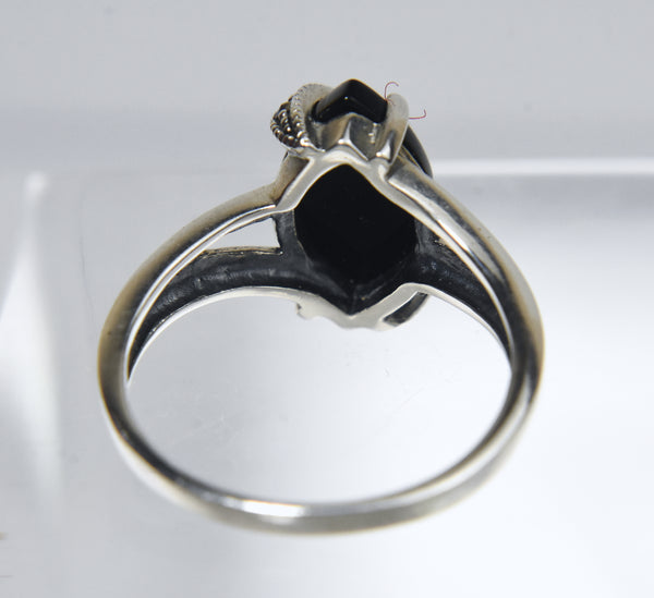 Avon - Black Onyx Sterling Silver Marcasite Ring - Size 8