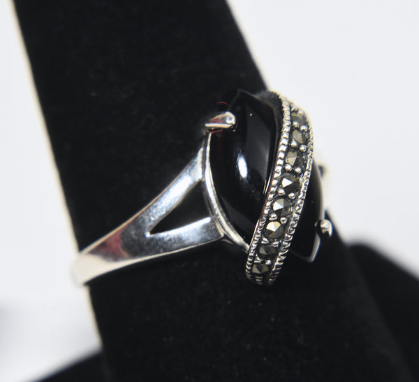 Avon - Black Onyx Sterling Silver Marcasite Ring - Size 8