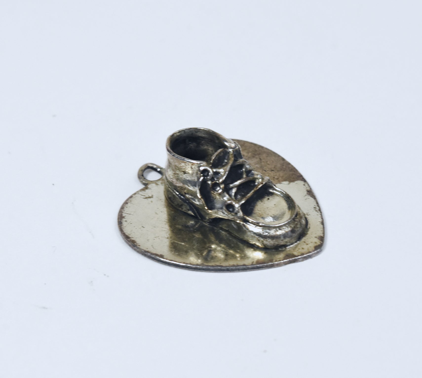 Beau - Vintage 1940 Sterling Silver Baby Shoe Heart Pendant