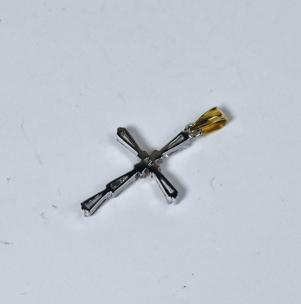 Baguette Cut Rhinestone and Gold Tone Cross Pendant