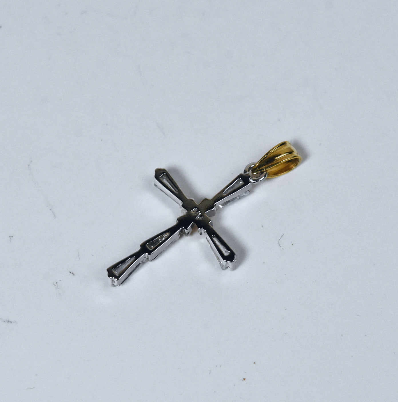 Baguette Cut Rhinestone and Gold Tone Cross Pendant