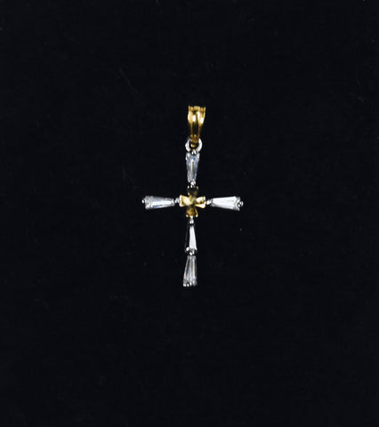 Baguette Cut Rhinestone and Gold Tone Cross Pendant