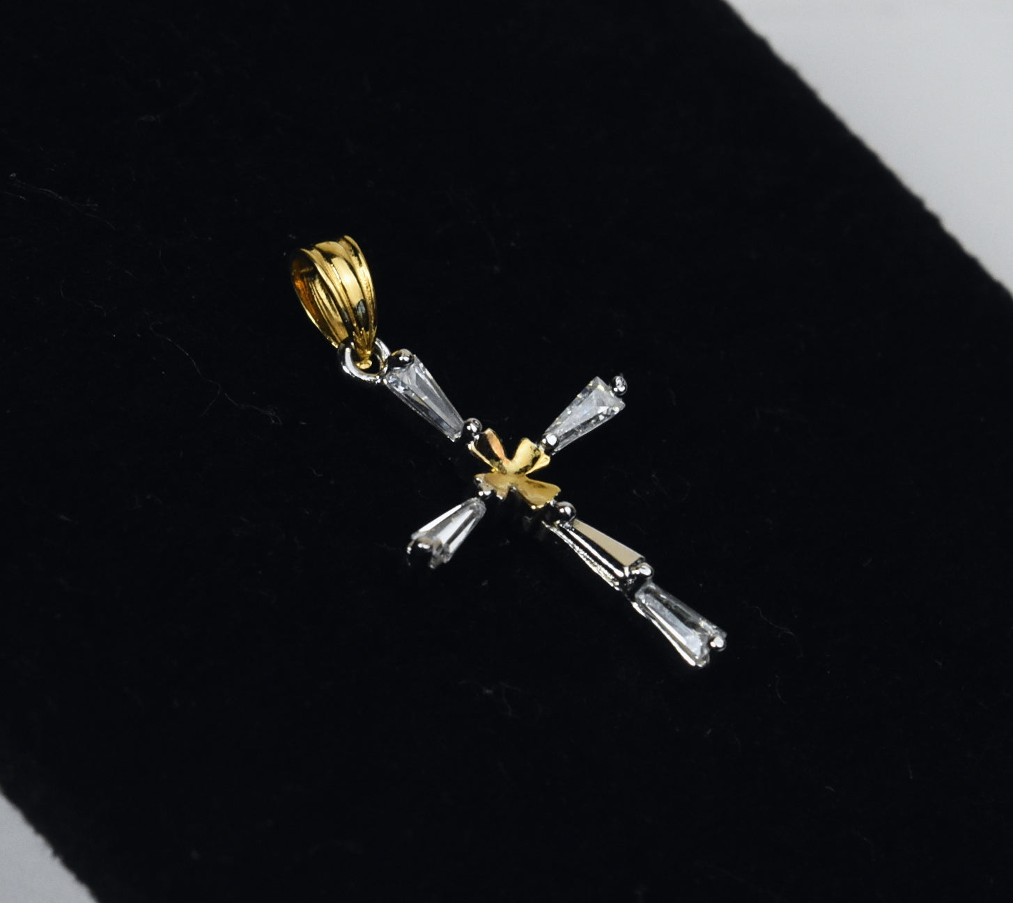 Baguette Cut Rhinestone and Gold Tone Cross Pendant
