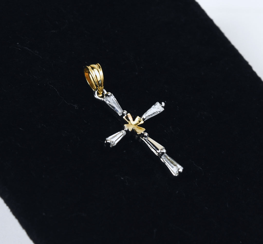 Baguette Cut Rhinestone and Gold Tone Cross Pendant