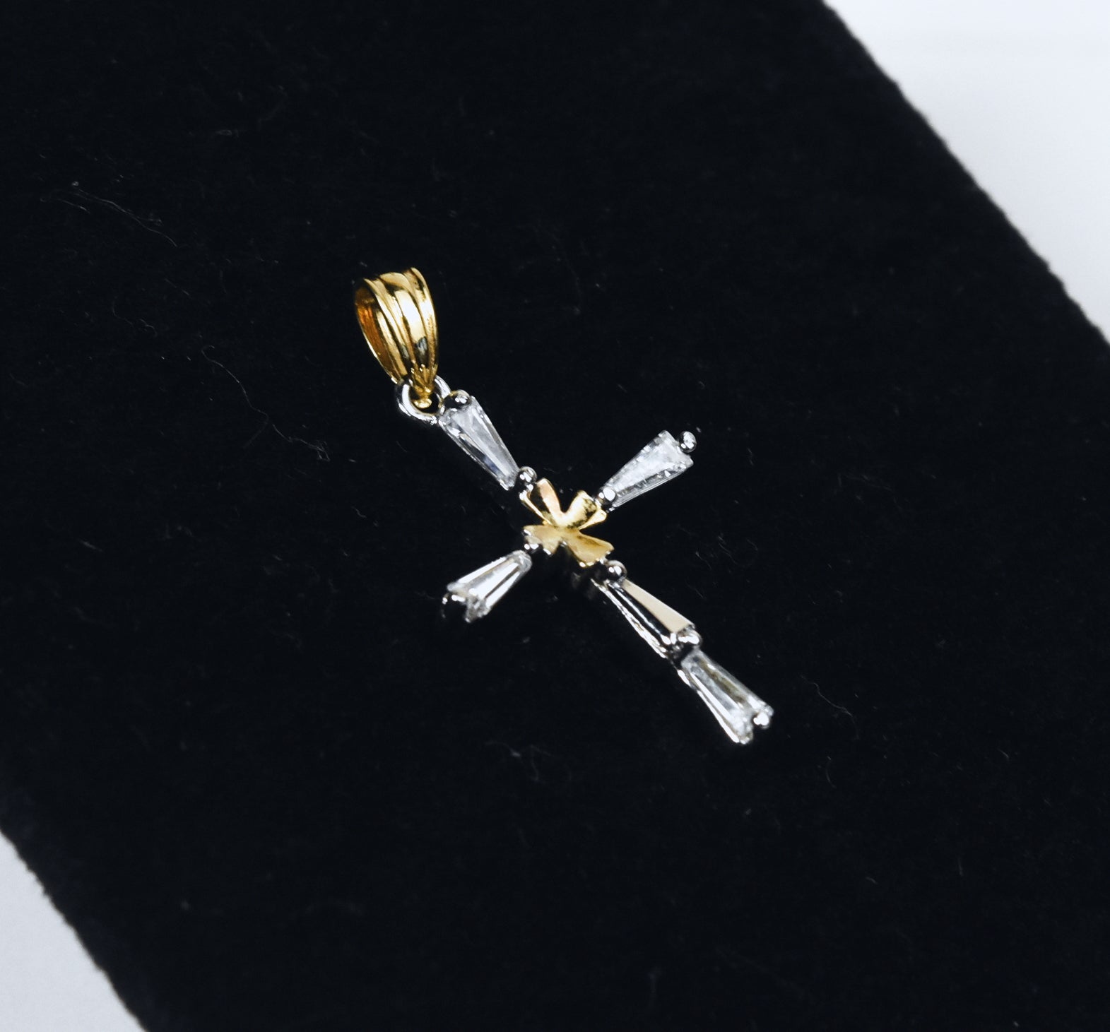 Baguette Cut Rhinestone and Gold Tone Cross Pendant