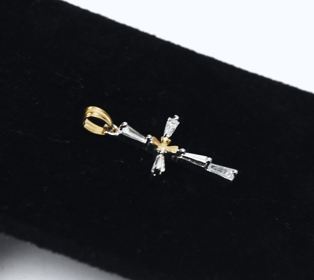 Baguette Cut Rhinestone and Gold Tone Cross Pendant
