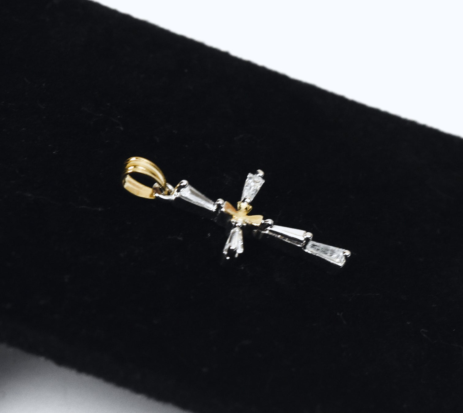 Baguette Cut Rhinestone and Gold Tone Cross Pendant