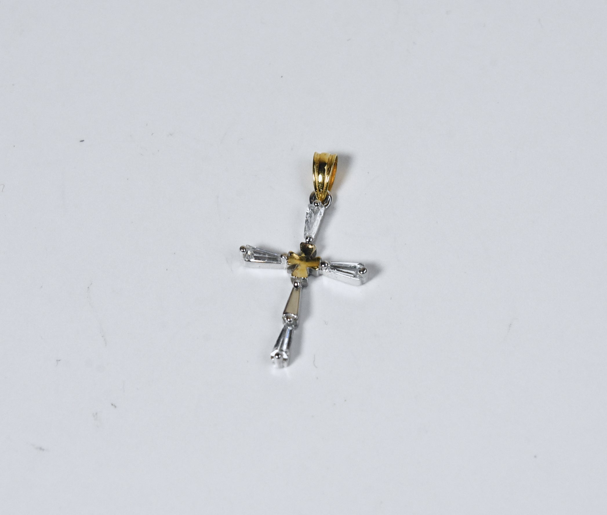Baguette Cut Rhinestone and Gold Tone Cross Pendant