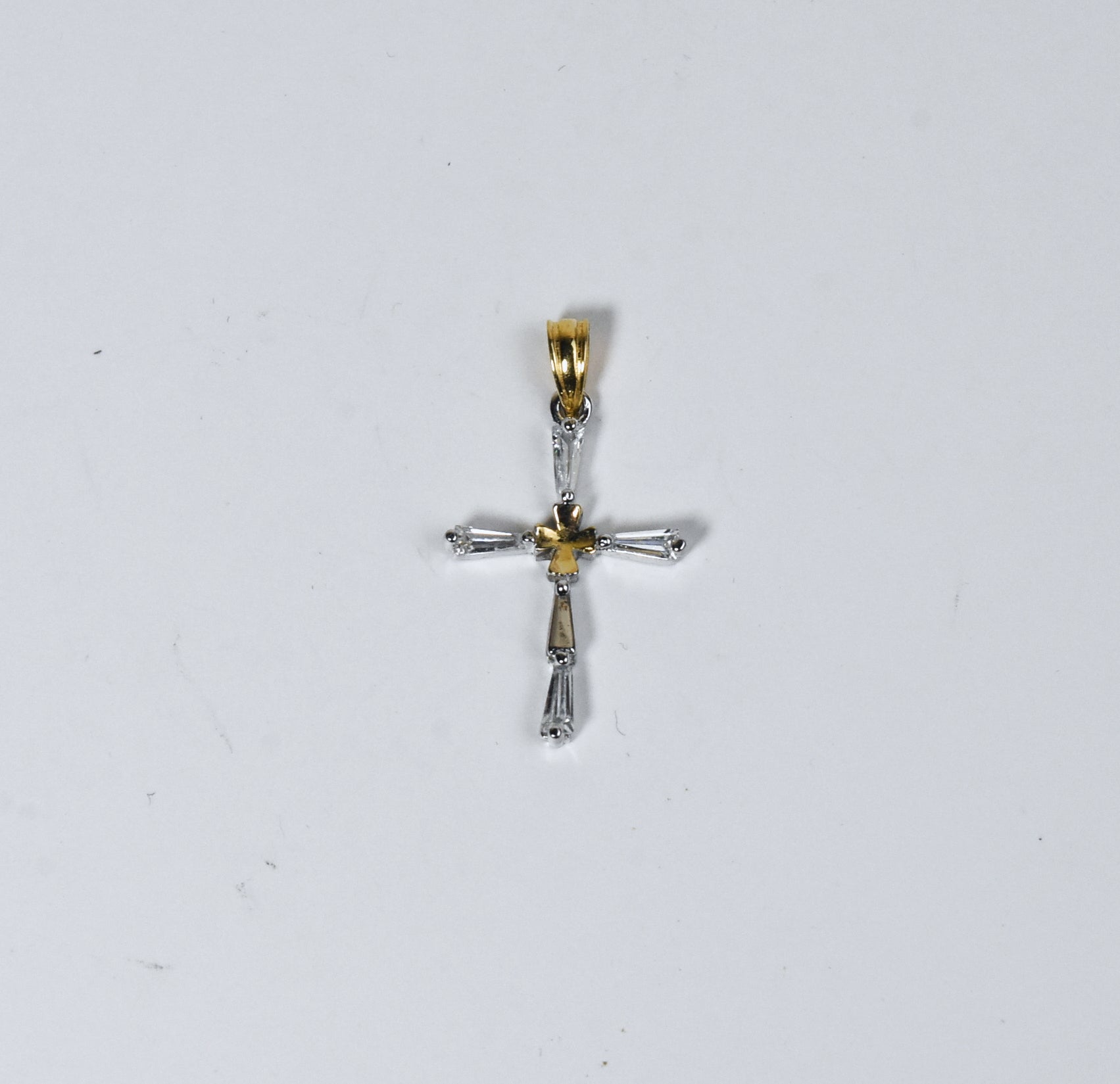 Baguette Cut Rhinestone and Gold Tone Cross Pendant