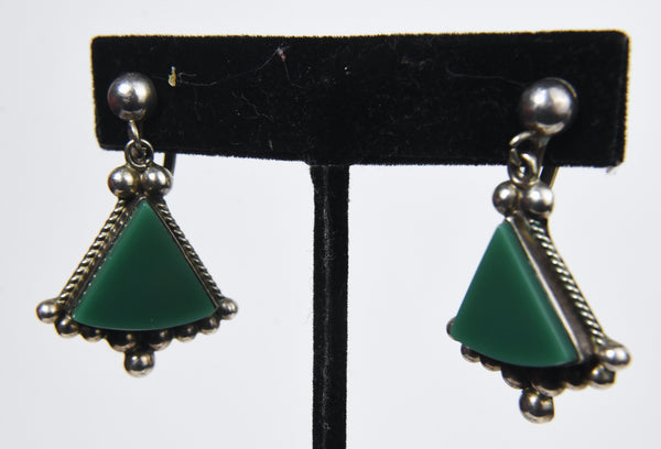 Sterling Silver Mexican Green Bakelite Dangle Screw Back Earrings
