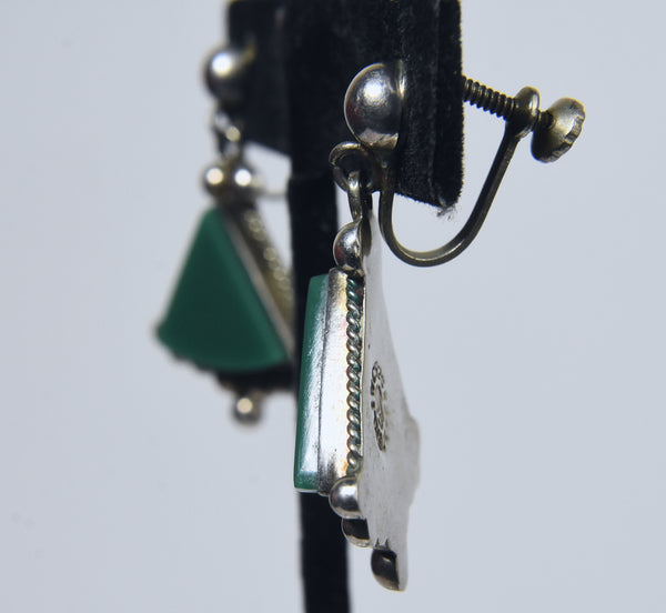 Sterling Silver Mexican Green Bakelite Dangle Screw Back Earrings