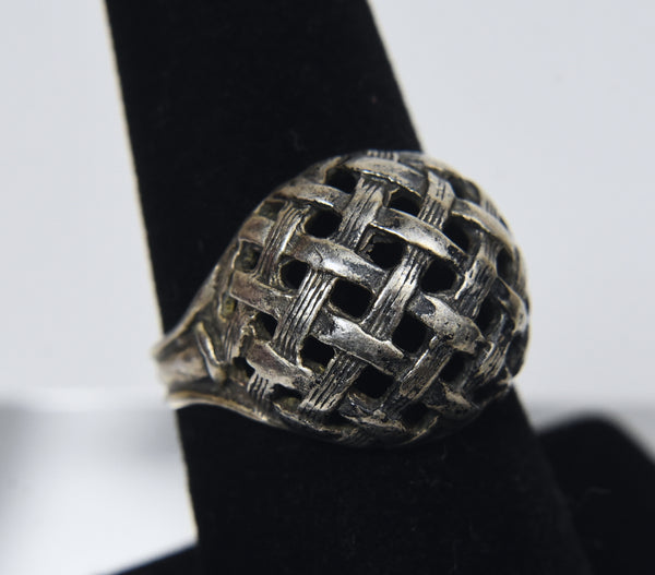 Vintage Sterling Silver Basket Weave Dome Ring - Size 7