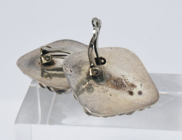Vintage Heavy Mexican Sterling Silver Basket Weave Clip On Earrings