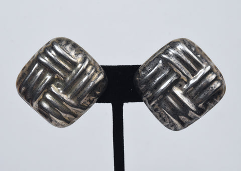 Vintage Heavy Mexican Sterling Silver Basket Weave Clip On Earrings