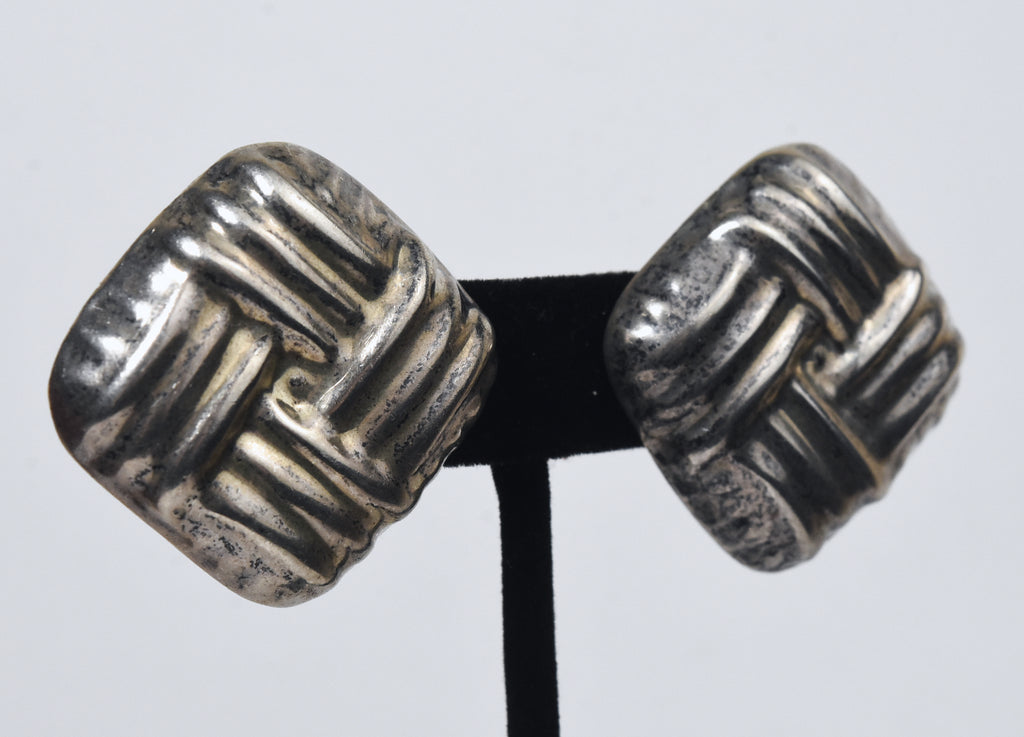 Vintage Heavy Mexican Sterling Silver Basket Weave Clip On Earrings