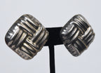 Vintage Heavy Mexican Sterling Silver Basket Weave Clip On Earrings