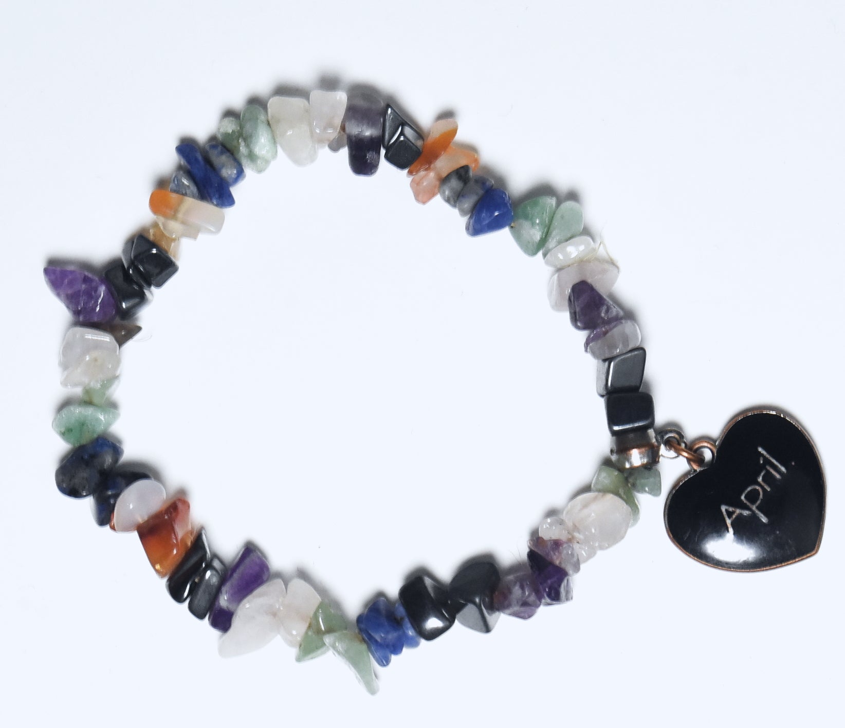 "April" Black Enamel Heart Charm Gemstone Bead Stretch Bracelet