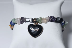 "April" Black Enamel Heart Charm Gemstone Bead Stretch Bracelet