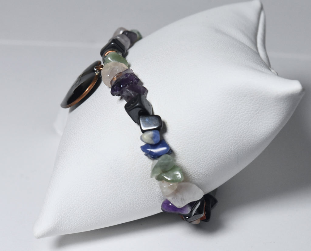 "April" Black Enamel Heart Charm Gemstone Bead Stretch Bracelet