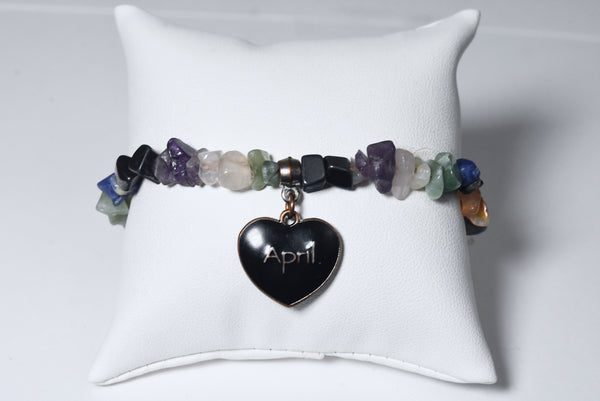 "April" Black Enamel Heart Charm Gemstone Bead Stretch Bracelet