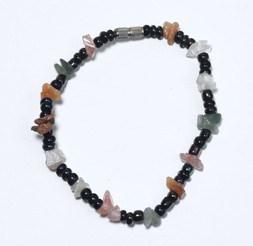 Aventurine, Sunstone, Quartz, Glass and Black Iridescent Beads Bracelet