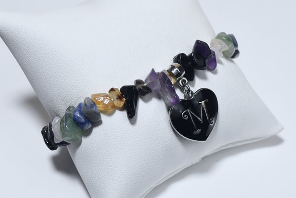 Black Enamel "M" Heart Charm on Gemstone Chip Bead Stretch Bracelet