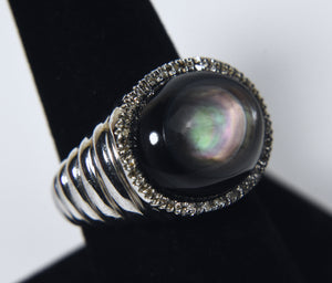 Black Mother-of-Pearl and Diamond Sterling Silver Ring - Size 8