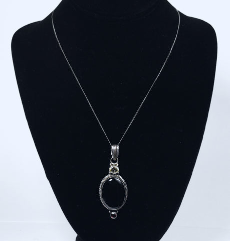 Vintage Sterling Silver Black Onyx, Red Garnet, Citrine Pendant on Sterling Silver Chain Necklace
