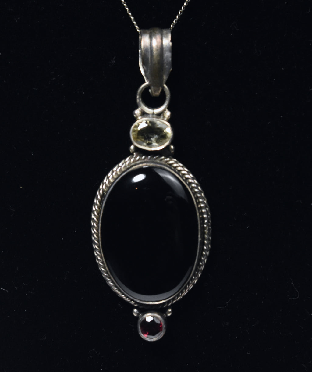 Vintage Sterling Silver Black Onyx, Red Garnet, Citrine Pendant on Sterling Silver Chain Necklace