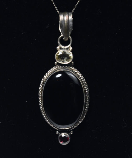 Vintage Sterling Silver Black Onyx, Red Garnet, Citrine Pendant on Sterling Silver Chain Necklace