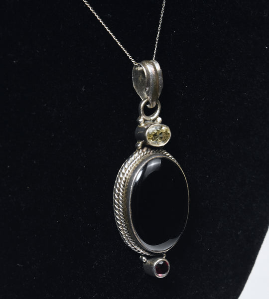 Vintage Sterling Silver Black Onyx, Red Garnet, Citrine Pendant on Sterling Silver Chain Necklace