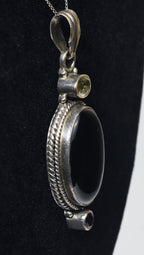 Vintage Sterling Silver Black Onyx, Red Garnet, Citrine Pendant on Sterling Silver Chain Necklace