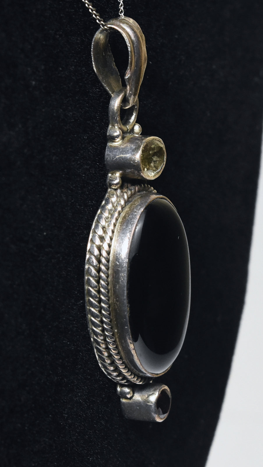 Vintage Sterling Silver Black Onyx, Red Garnet, Citrine Pendant on Sterling Silver Chain Necklace
