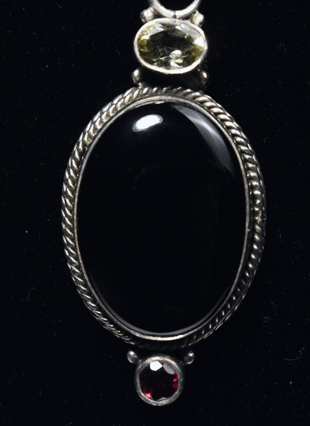 Vintage Sterling Silver Black Onyx, Red Garnet, Citrine Pendant on Sterling Silver Chain Necklace