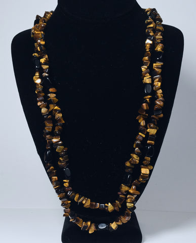 Tiger's Eye Chip and Black Onyx Bead Opera Necklace - 57 inches!