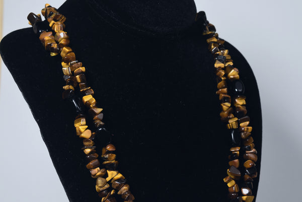 Tiger's Eye Chip and Black Onyx Bead Opera Necklace - 57 inches!