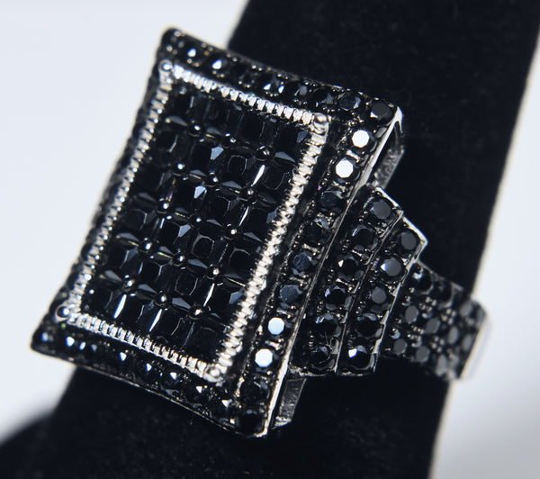 Sterling Silver Black Tourmaline Pave Set Art Deco Style Ring - Size 7