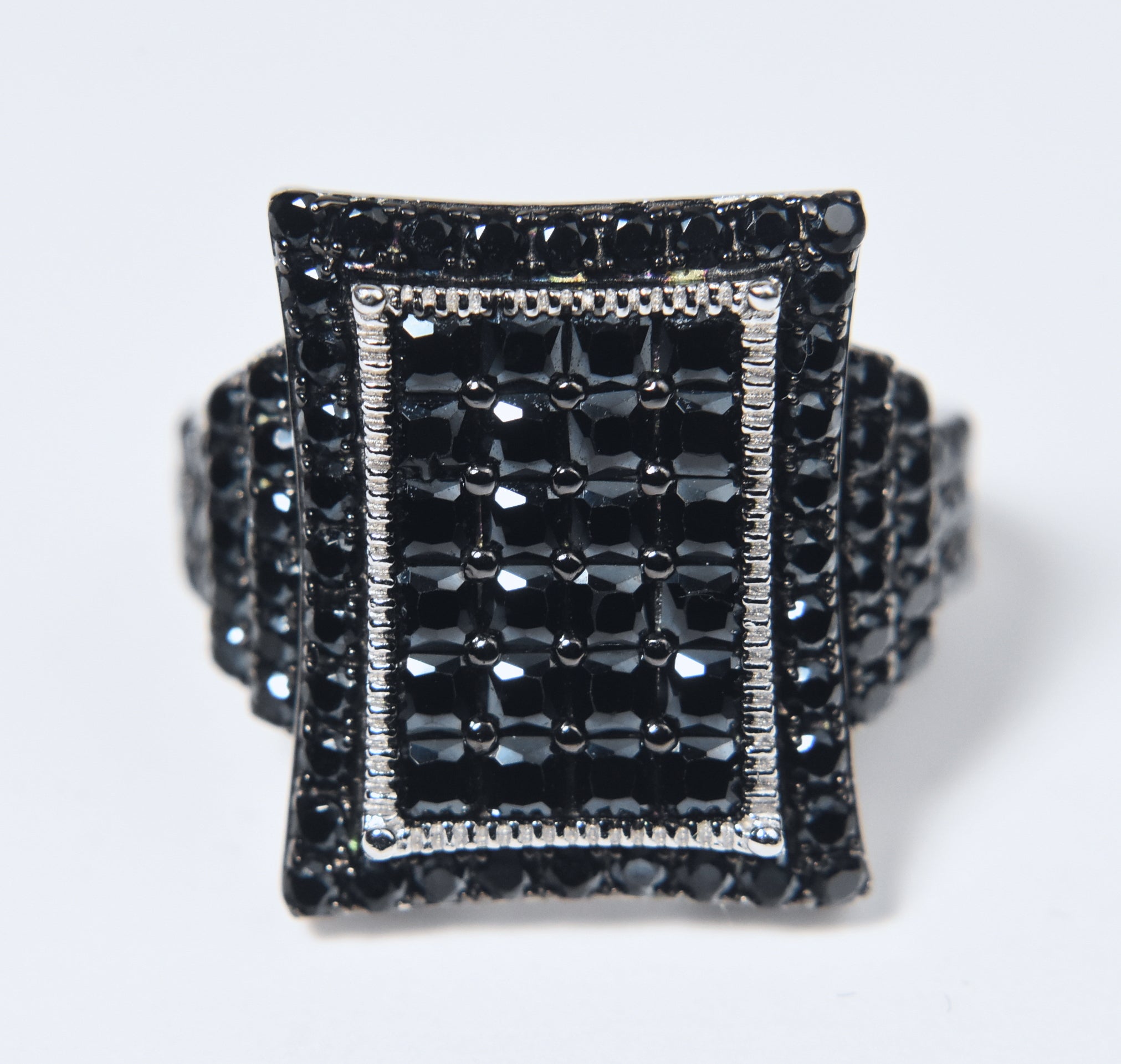 Sterling Silver Black Tourmaline Pave Set Art Deco Style Ring - Size 7