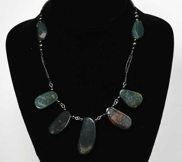 Bloodstone Pendants Necklace with Magnetite and Green Onyx Beads