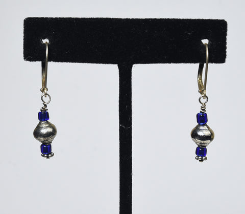 Silver and Blue Bead Dangle Earrings