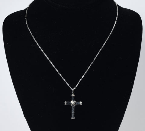Blue and White Diamond Sterling Silver Cross Pendant on Sterling Silver Chain Necklace