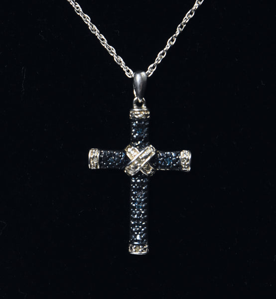 Blue and White Diamond Sterling Silver Cross Pendant on Sterling Silver Chain Necklace