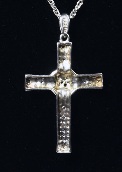 Blue and White Diamond Sterling Silver Cross Pendant on Sterling Silver Chain Necklace