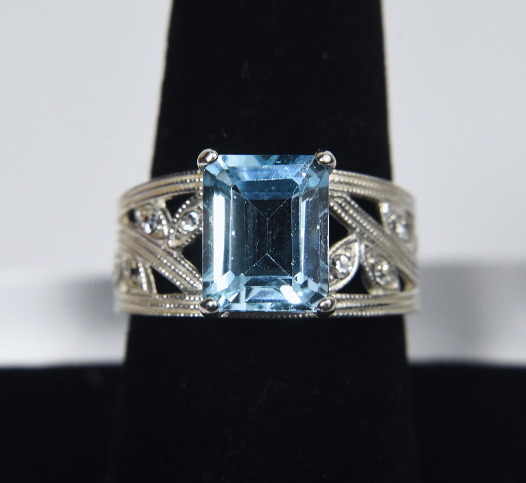 Sterling Silver Light Blue Emerald Cut Ring - Size 7.75