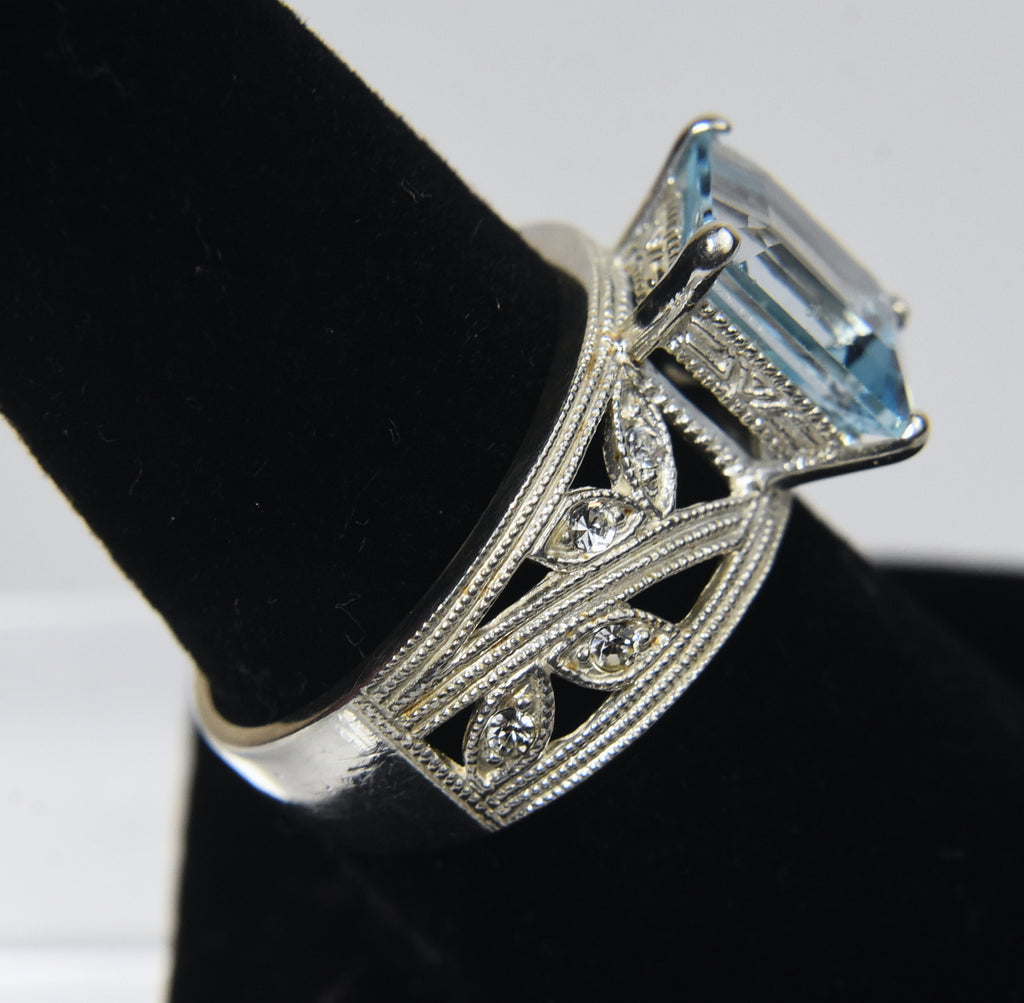 Sterling Silver Light Blue Emerald Cut Ring - Size 7.75