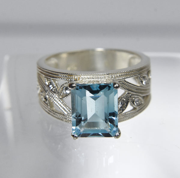 Sterling Silver Light Blue Emerald Cut Ring - Size 7.75