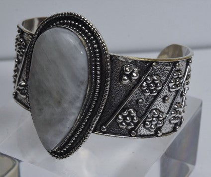 Blue Flash Moonstone Rhodium Plated Silver Cuff Bracelet