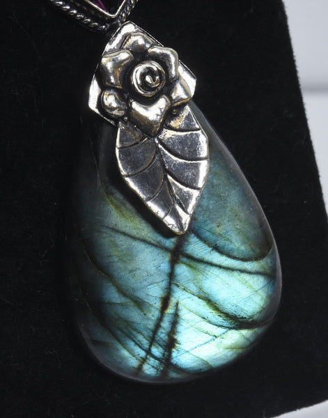 "Blue Fire Ice" Labradorite Sterling and Pink Topaz Sterling Silver Pendant