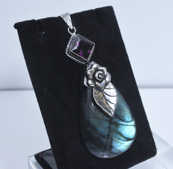 "Blue Fire Ice" Labradorite Sterling and Pink Topaz Sterling Silver Pendant
