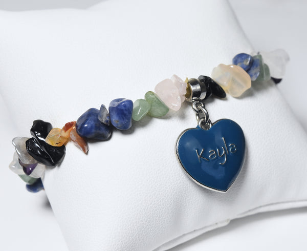 Blue Enamel "Kayla" Heart Charm on Gemstone Beaded Stretch Bracelet